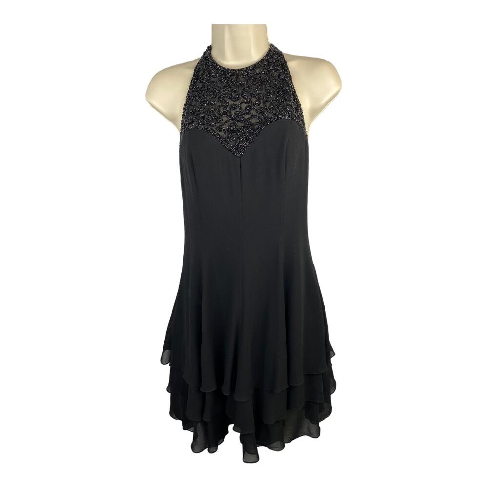 Black Tie Oleg Cassini size Small Silk Beaded Embellished Party Evening Dress